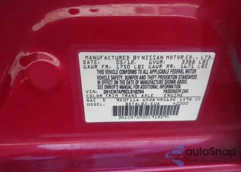 2012 Nissan Versa 1.6 Sv z USA, uszkodzony, nr VIN 3N1CN7AP0CL918294